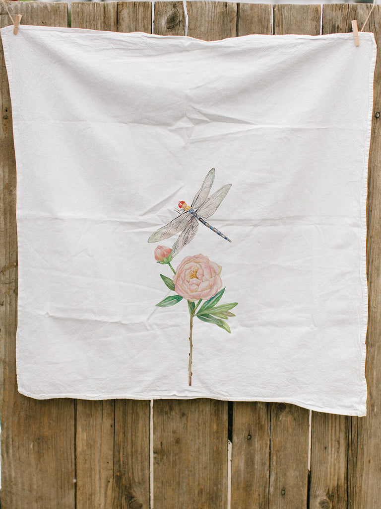 Dragonfly and Peony Tea Towel