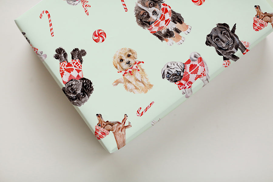 Mint Christmas Puppy Dog Gift Wrap